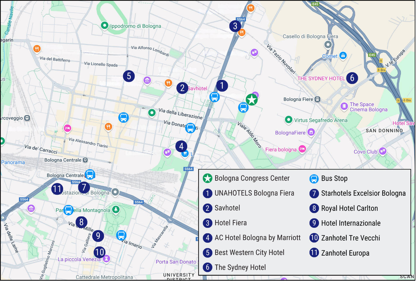 This map shows the location of suggested hotels along with transportation stops.